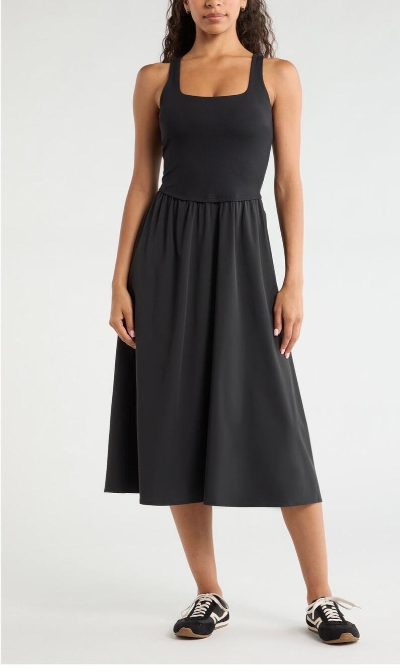 Chic Zella Effortless Black Sleeveless Midi Dress with Pockets (new with tags)